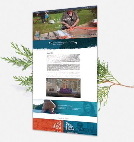 A captured web page of As I Remember It set in front of a cedar branch