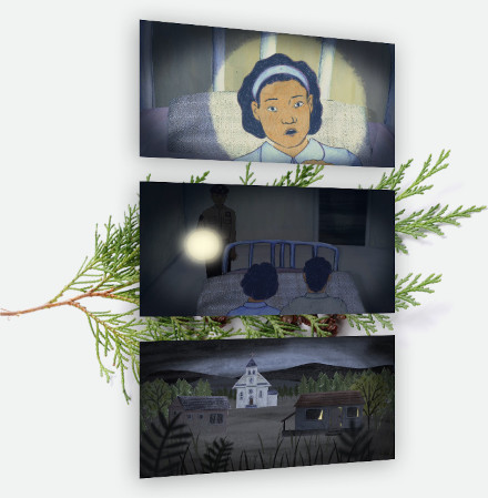 Three panels depicting animations of Elsie's stories are set in front of cedar branch.